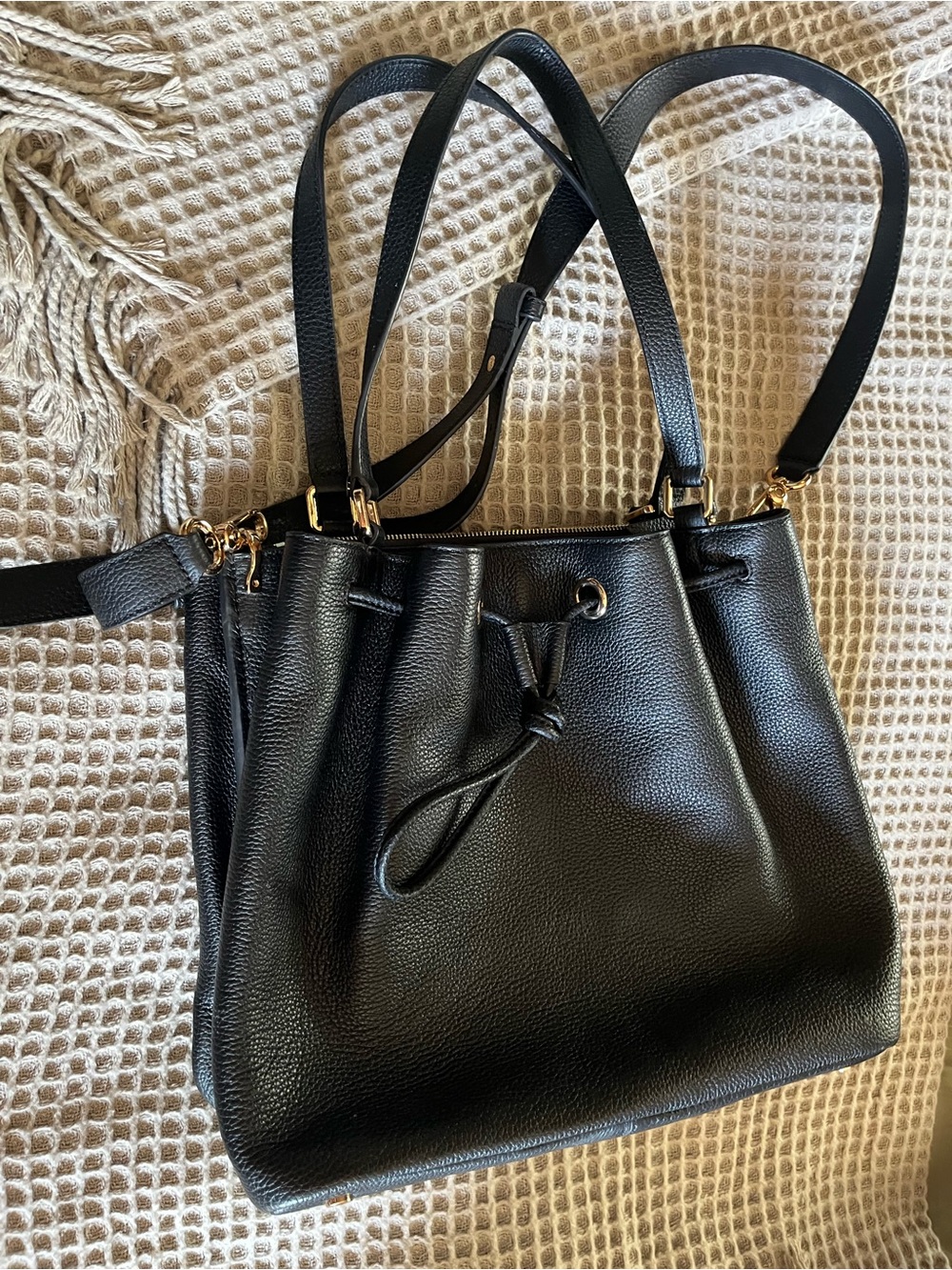 Quince Black Pebbled Leather Drawstring Tote with Gold Hardware